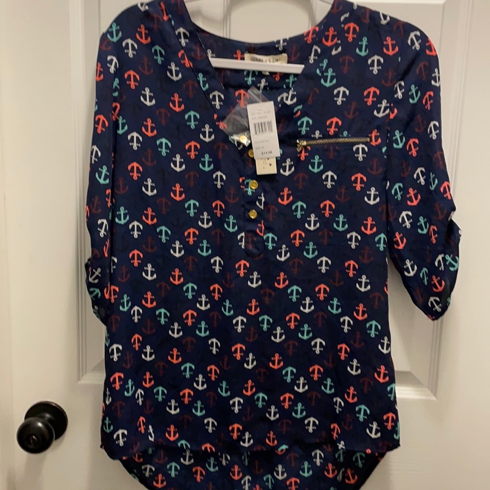 NWT! Blue Anchor Print Blouse Medium